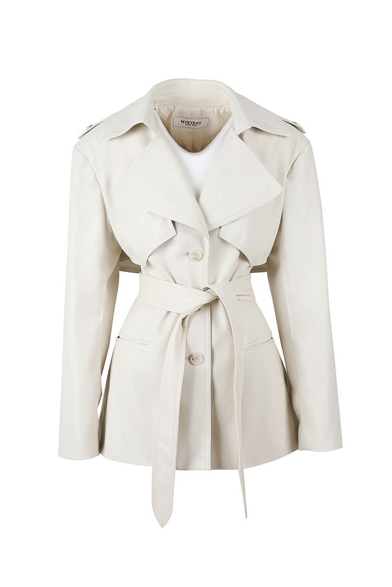 HIGH QUALITY LINE -  CREAM IVORY  LEATHER  SHORT TRENCH JACKET