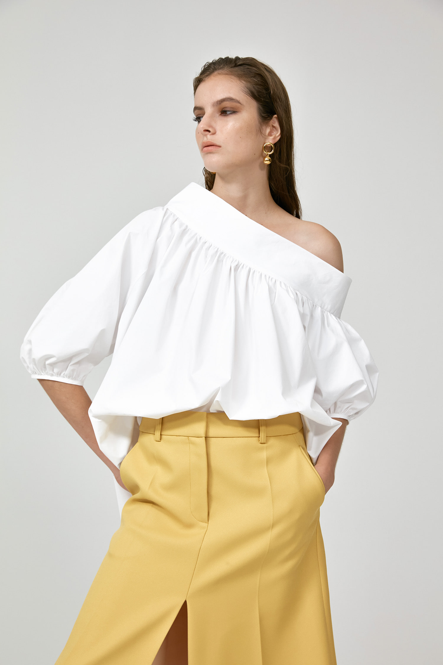 HIGH QUALITY LINE - One-side Off Shoulder Blouse White