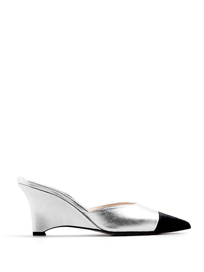 VEVERS WEDGE MULES - BLACK &amp; SILVER