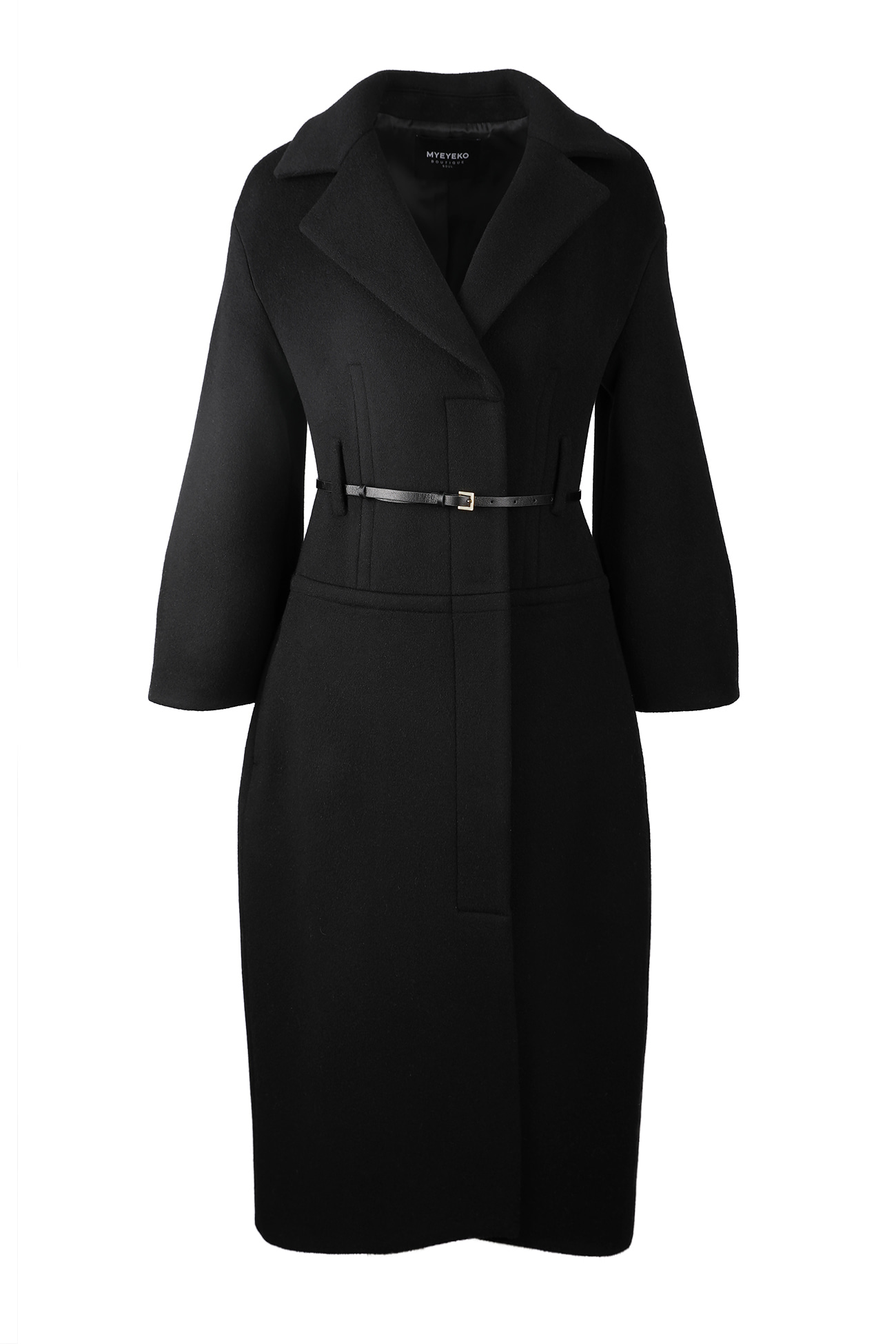 HIGH QUALITY LINE - ELEGANT SILHOUETTE Single-breasted belted coat (블랙)