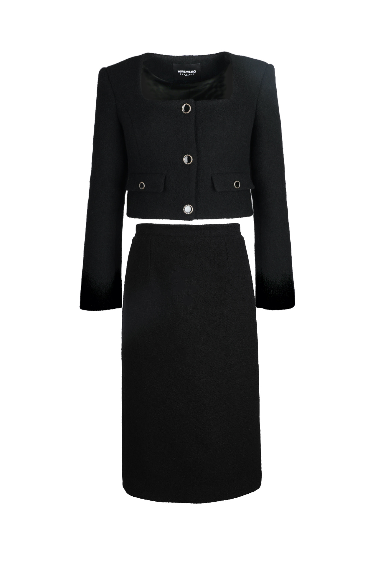 HIGH QUALITY LINE - Black Tweed Jacket+Skirt Set