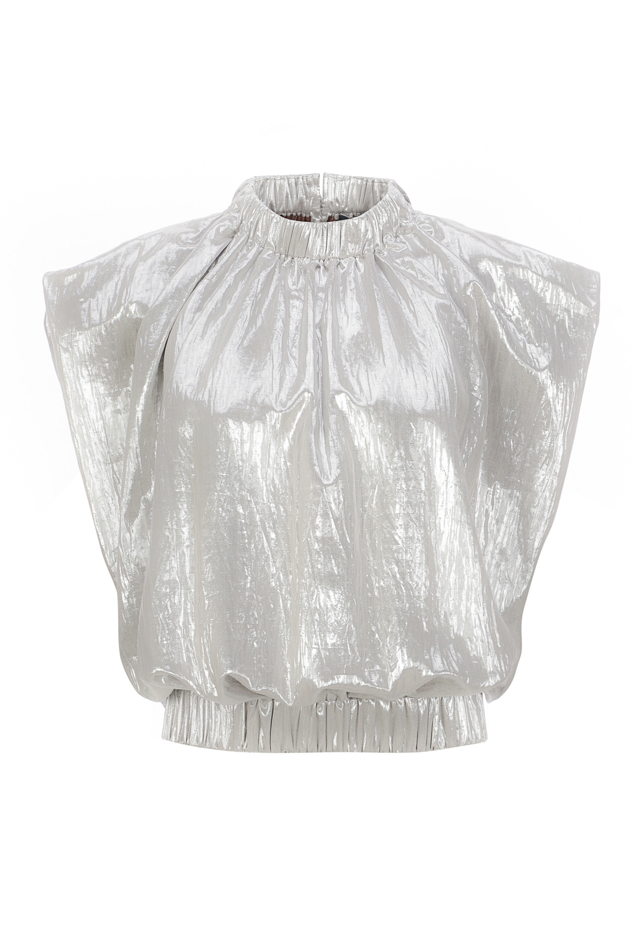 HIGH QUALITY LINE - High-Neck Crepe Blouse (Silver)