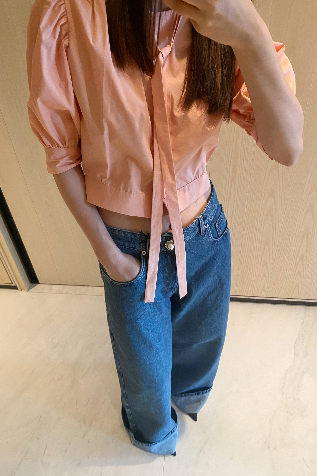 HIGH QUALITY LINE - Tie Cropped Blouse (Peach)
